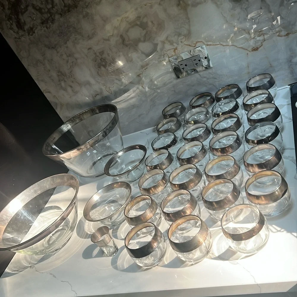 Set of 33 Pieces of Vintage Dorothy Thorpe Silver Rim Set Bowls & Short Glasses